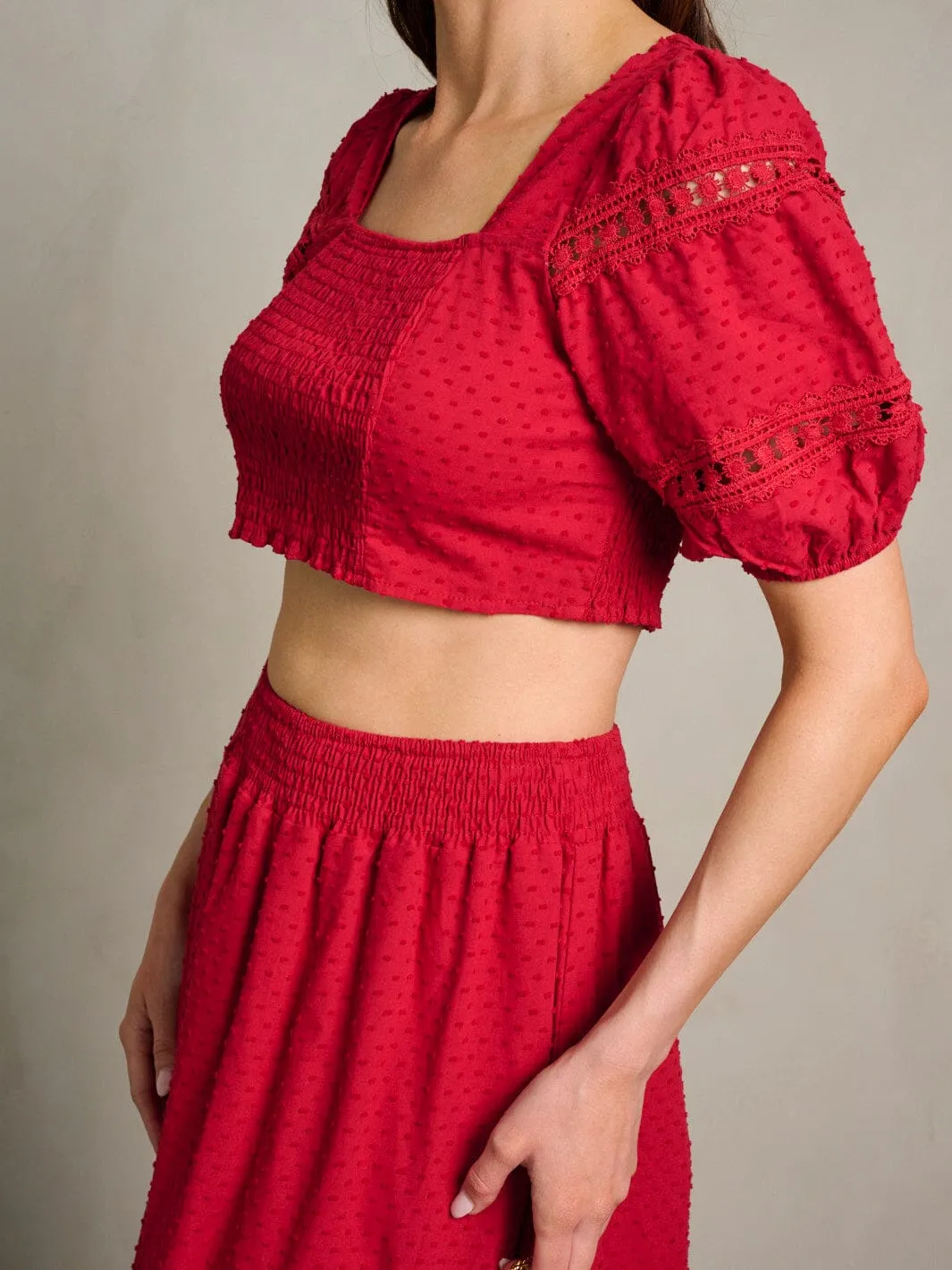 WOMEN'S SHORT SLEEVE CROP TOP & MAXI SKIRT SWISS DETAILED 2PC. SET
