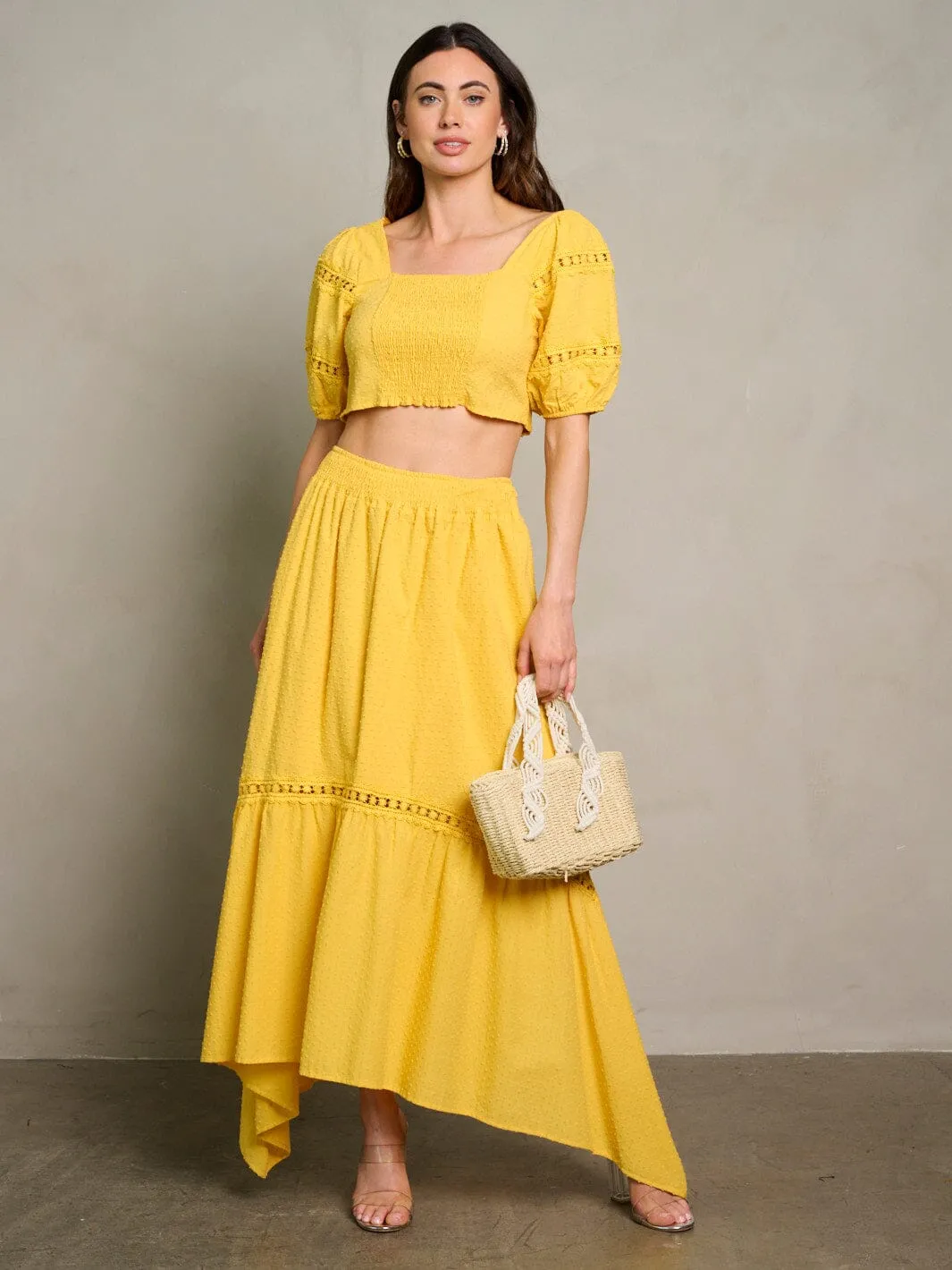 WOMEN'S SHORT SLEEVE CROP TOP & MAXI SKIRT SWISS DETAILED 2PC. SET