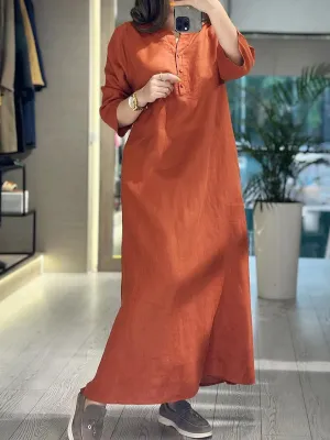 Women's Solid Color V-Neck 3/4 Sleeves Casual Linen Simple Pockets Long Dress