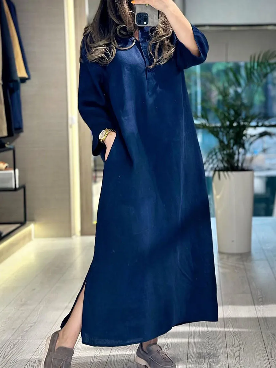 Women's Solid Color V-Neck 3/4 Sleeves Casual Linen Simple Pockets Long Dress