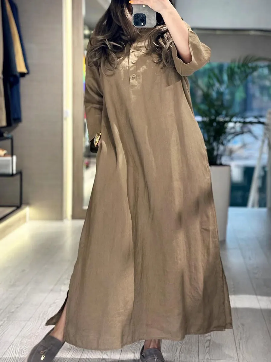Women's Solid Color V-Neck 3/4 Sleeves Casual Linen Simple Pockets Long Dress