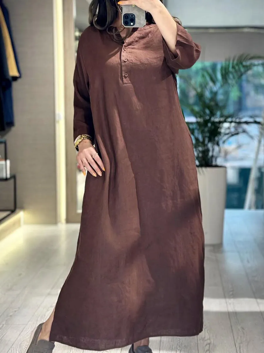 Women's Solid Color V-Neck 3/4 Sleeves Casual Linen Simple Pockets Long Dress