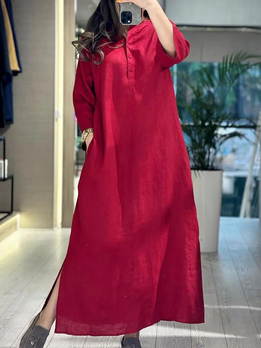 Women's Solid Color V-Neck 3/4 Sleeves Casual Linen Simple Pockets Long Dress