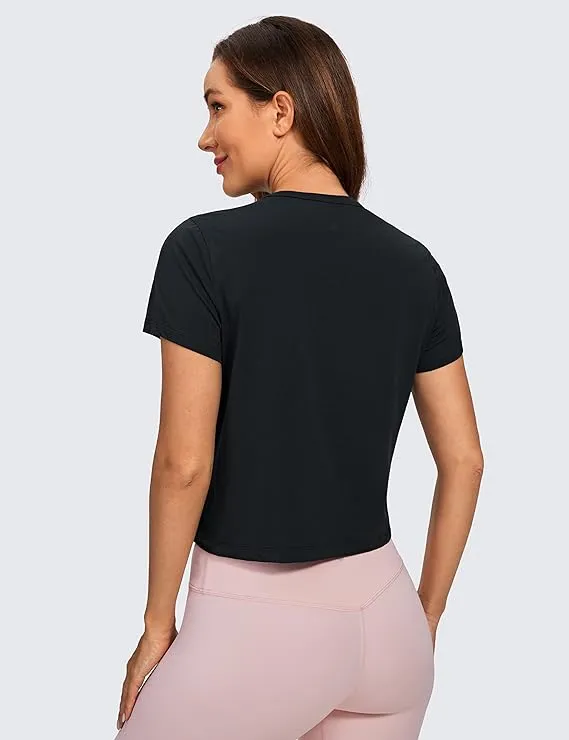 Women's Workout Crop Top T-Shirt Yoga Running Basic Tee Black