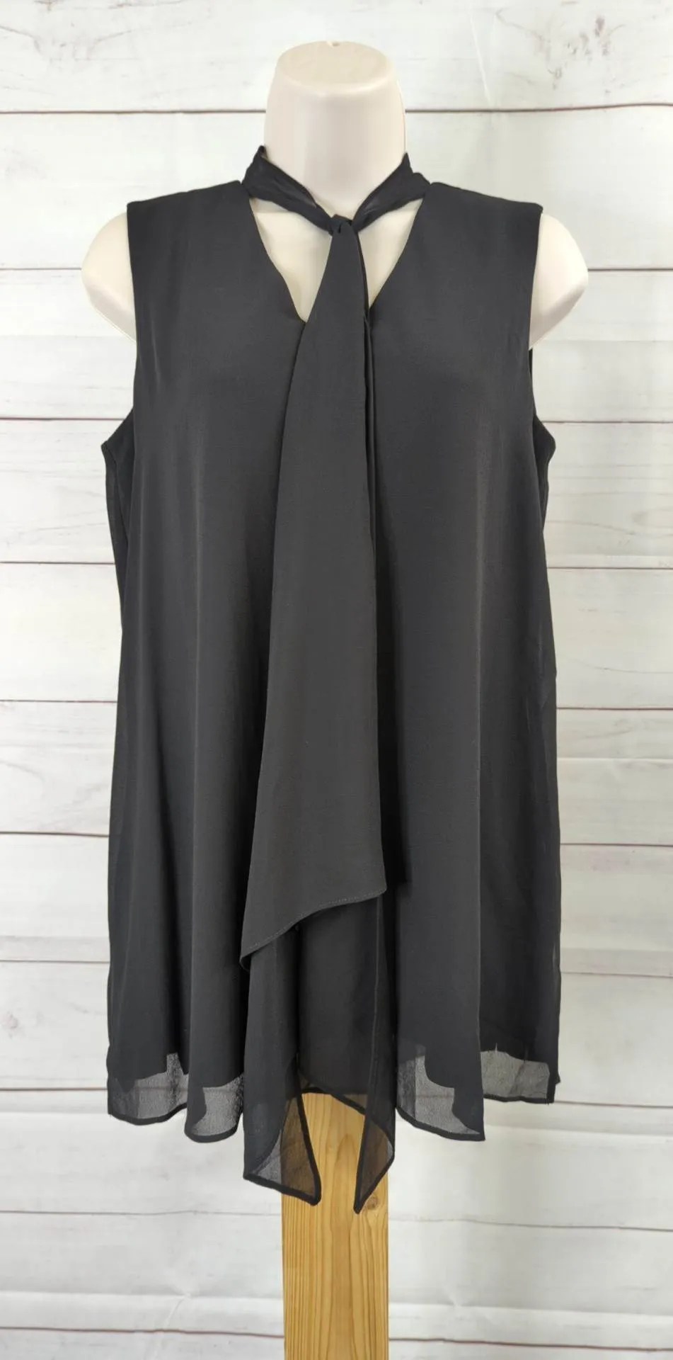XSMALL BLACK A380022 Susan Graver Chiffon Sleeveless Tunic with Chiffon Accents