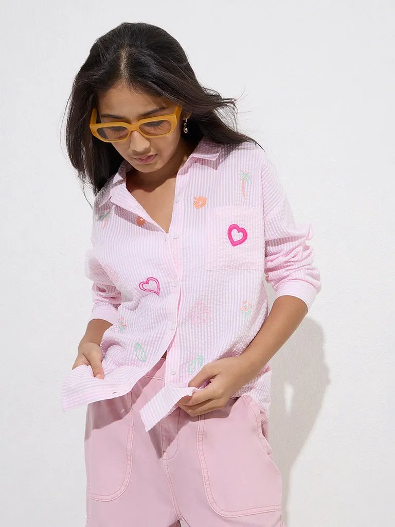 Y&F Kids Pink Seersucker Striped Cotton Shirt