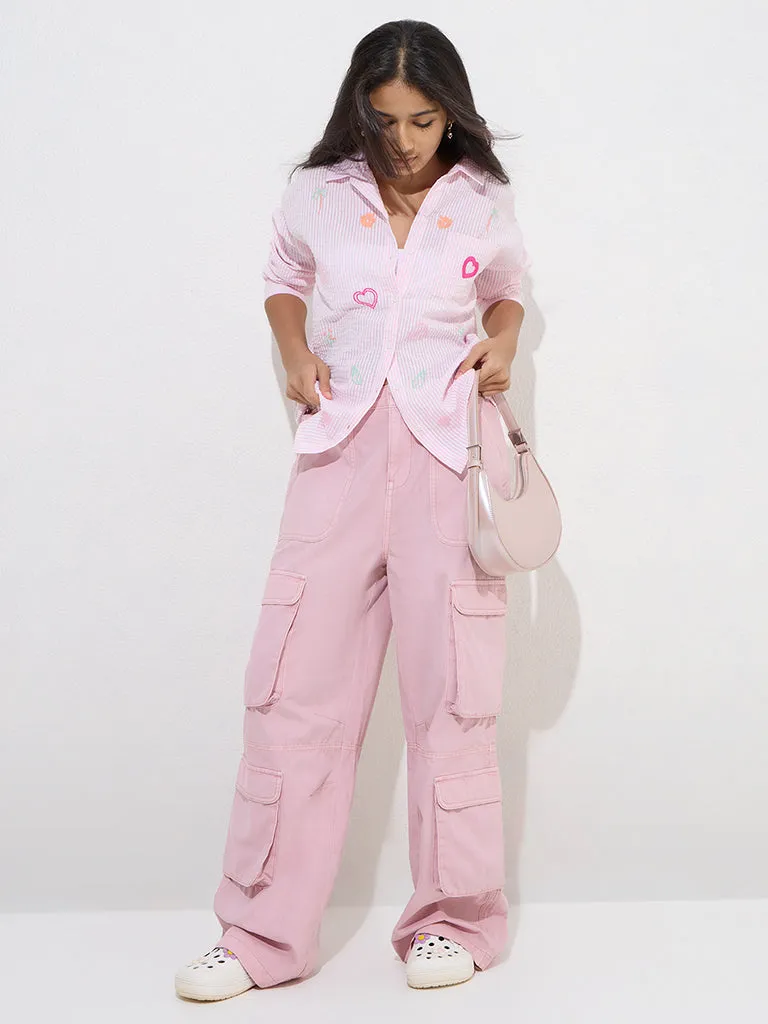 Y&F Kids Pink Seersucker Striped Cotton Shirt