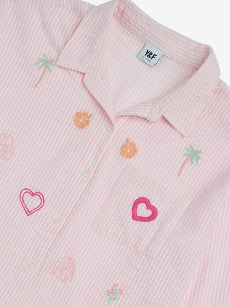 Y&F Kids Pink Seersucker Striped Cotton Shirt