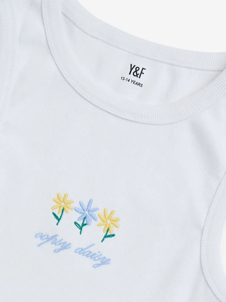 Y&F Kids White Ribbed Cotton-Blend Tank Top