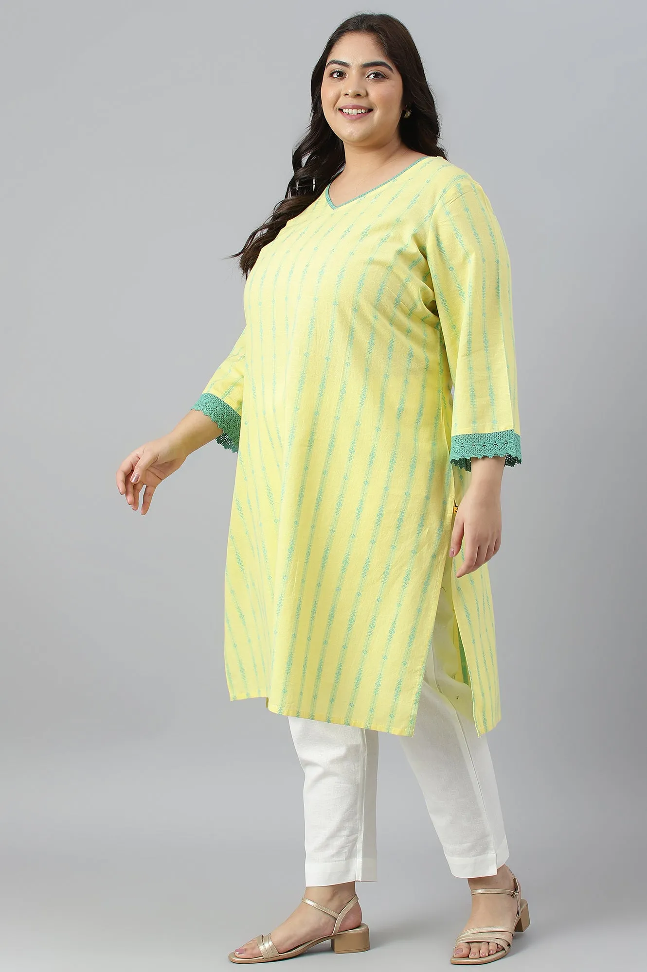 Yellow Cotton Dobby V-Neck Plus Size kurta